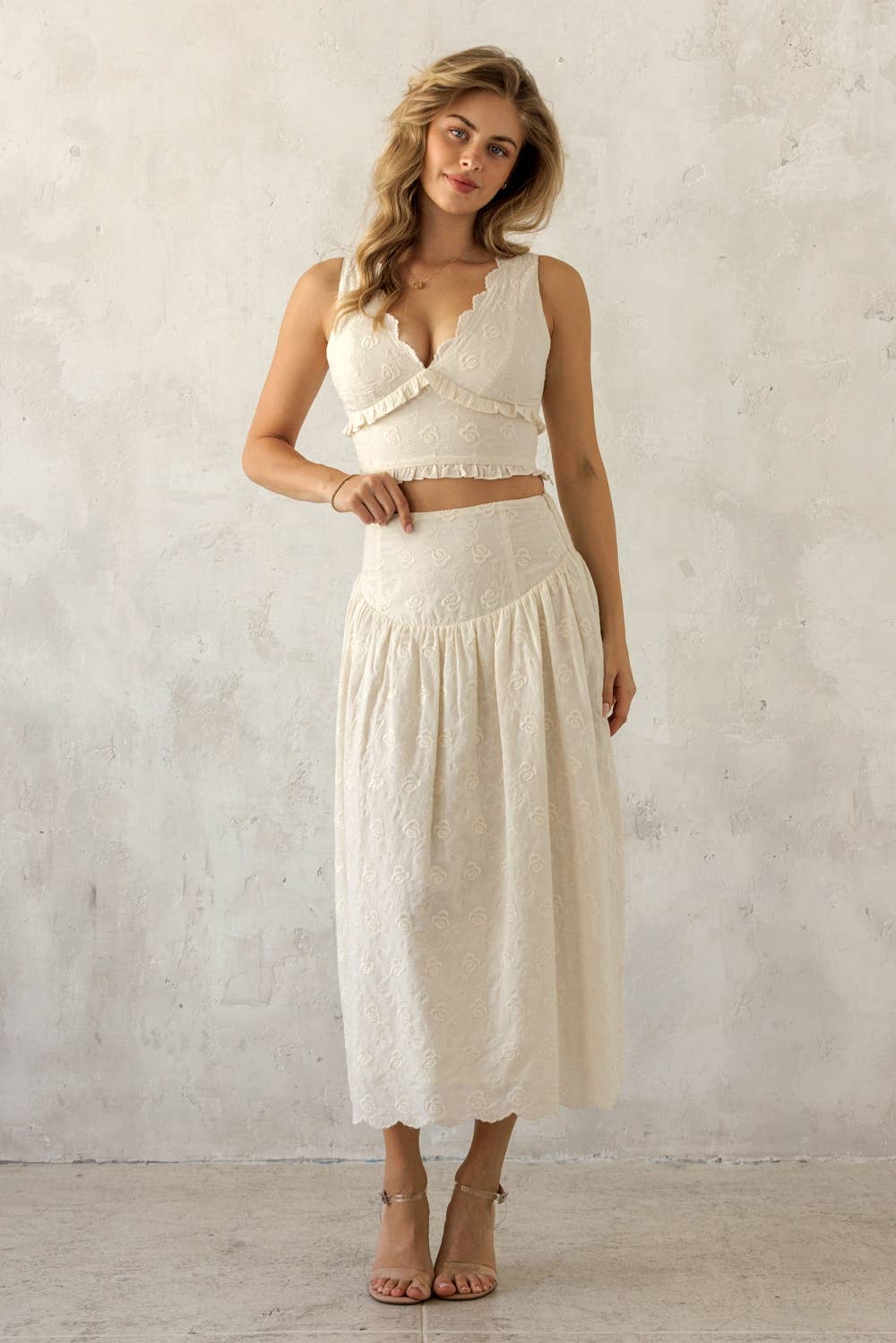 JS10301 - TEXTURED FLORAL MIDI SKIRT