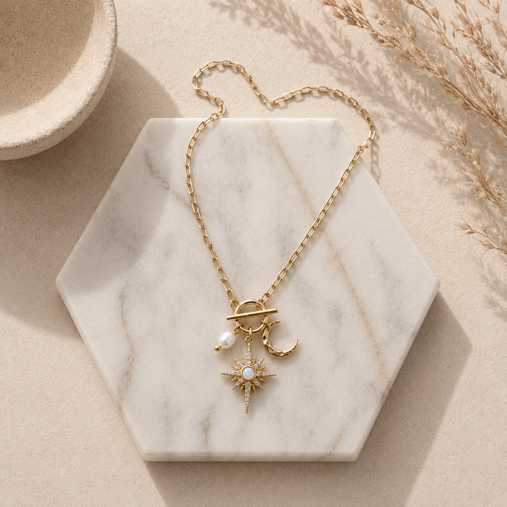 CZ Opal Pearl Star and Moon Necklace