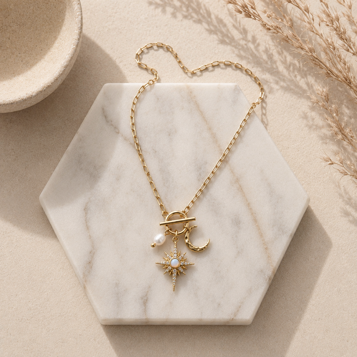 CZ Opal Pearl Star and Moon Necklace