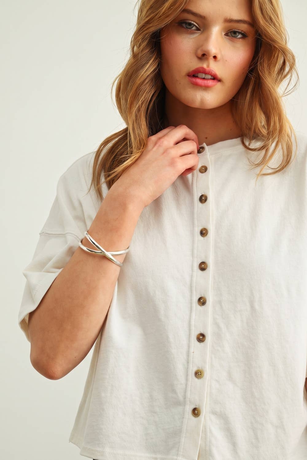ET7639   BUTTON DOWN ROUND NECK HALF SLEEVE TOP
