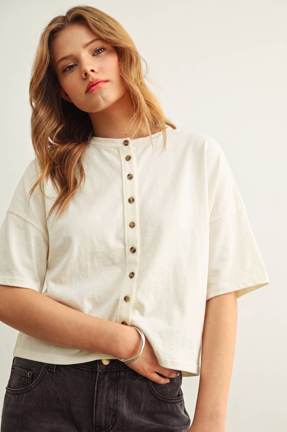 ET7639   BUTTON DOWN ROUND NECK HALF SLEEVE TOP