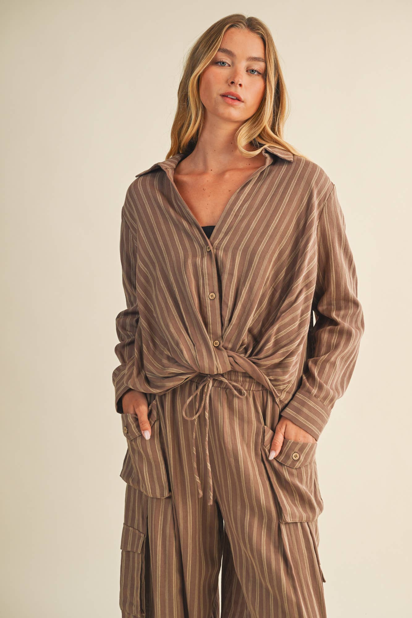 Vertical Stripe Twist Front Shirt
