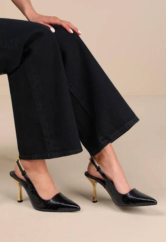 EZEKI-1 LONG BUCKLE SLINGBACK METALLIC HEEL PUMP