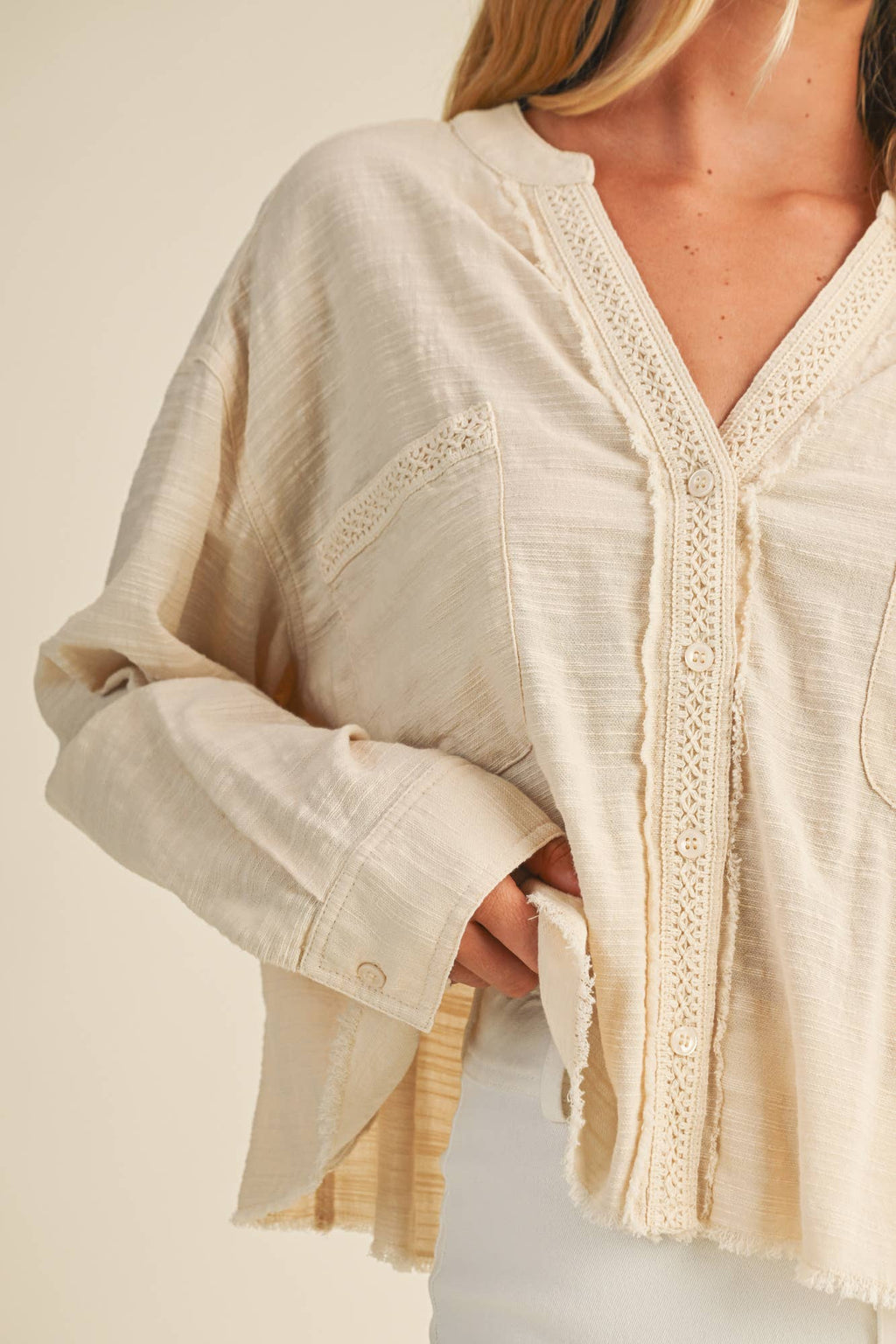 Lace Trim Textured Button-Down Shirt