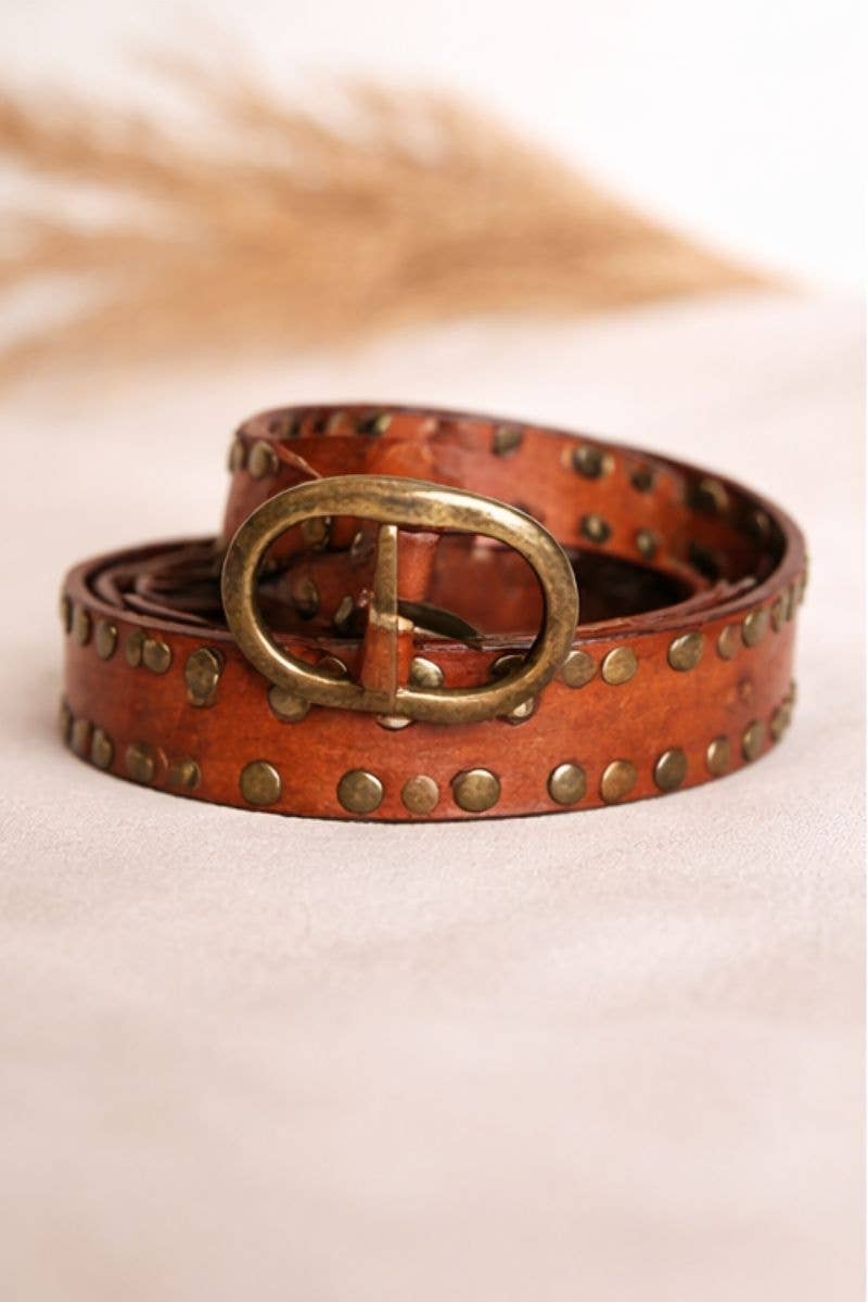 CIRIUS WIDE BROWN LEATHER BELT WITH STUDS