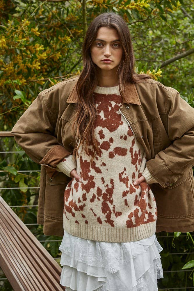 L8757 | Woven Cotton Collared Zip-Up Long Sleeve Jacket