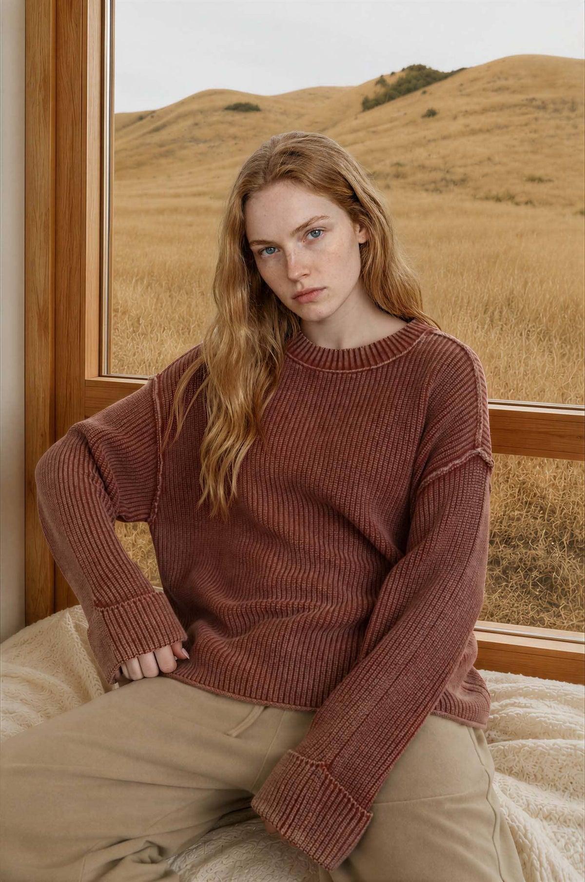 WASHED RIBBED LONG SLEEVE FOLDED CUFF KNIT SWEATER