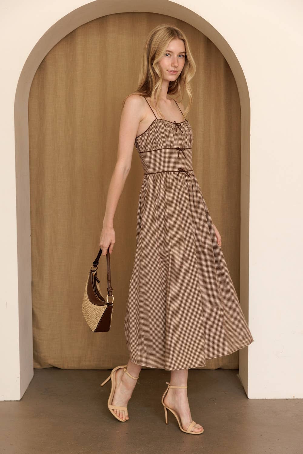 JD10434 - GINGHAM BOW DETAIL MIDI DRESS