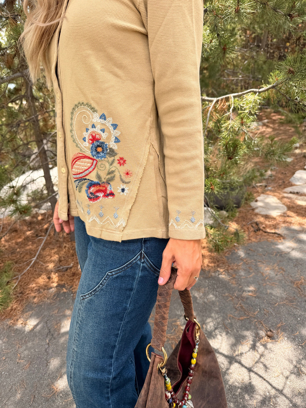 Birdsong Bloom Embroidered Top in Almond color