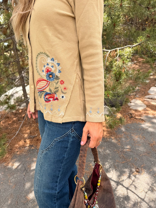 Birdsong Bloom Embroidered Top in Almond color
