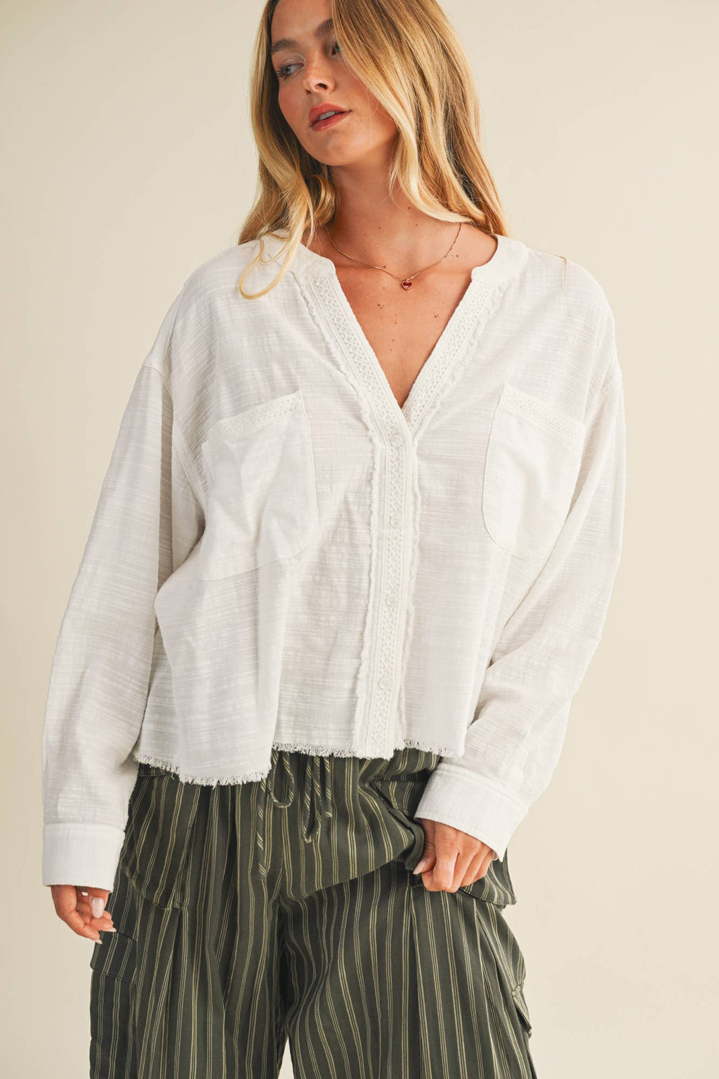 Lace Trim Textured Button-Down Shirt