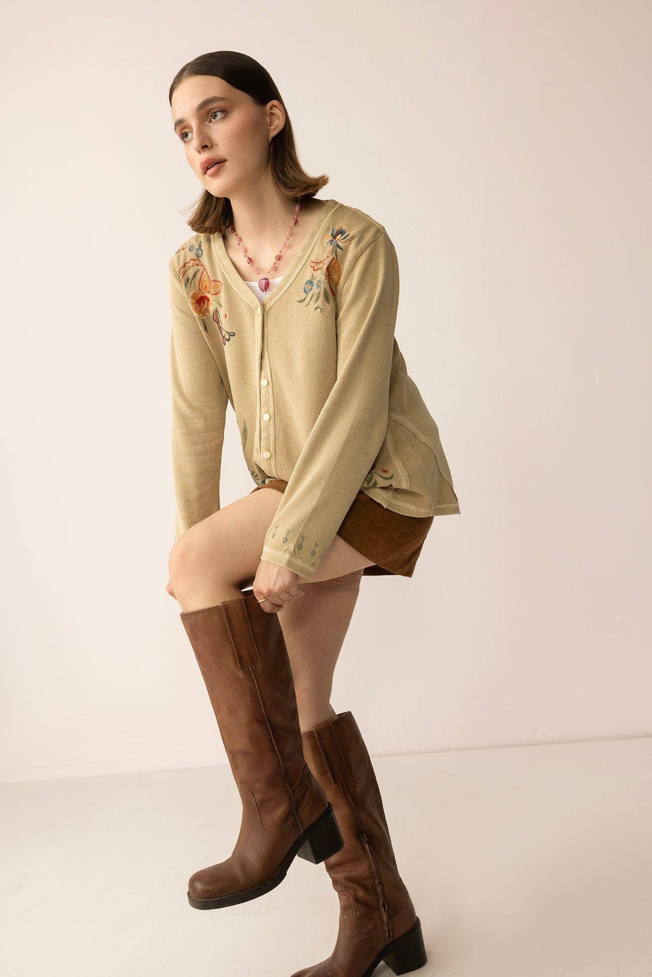 Birdsong Bloom Embroidered Top in Almond color