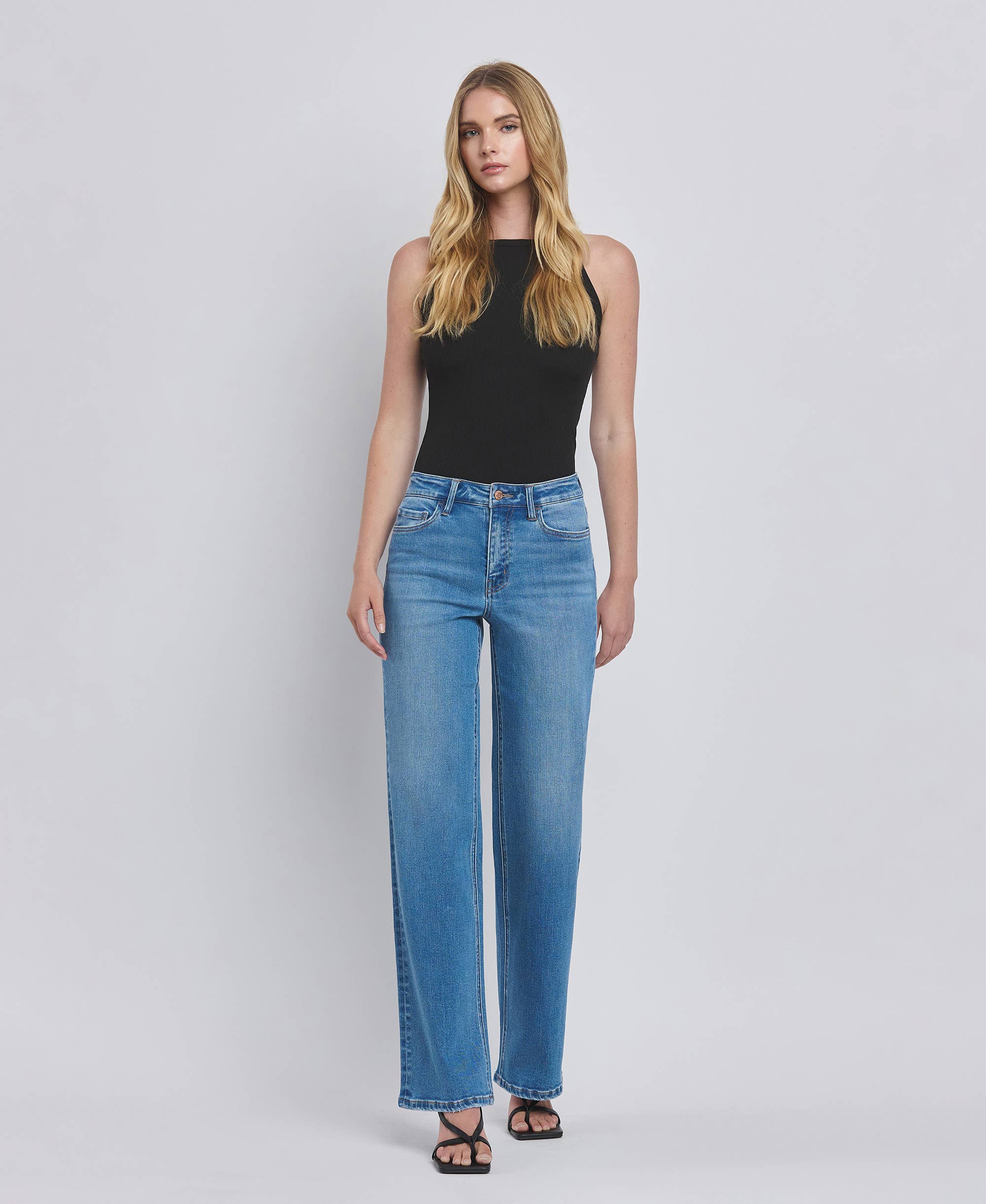 HIGH RISE MEDIUM WASH WIDE JEANS F5296MD