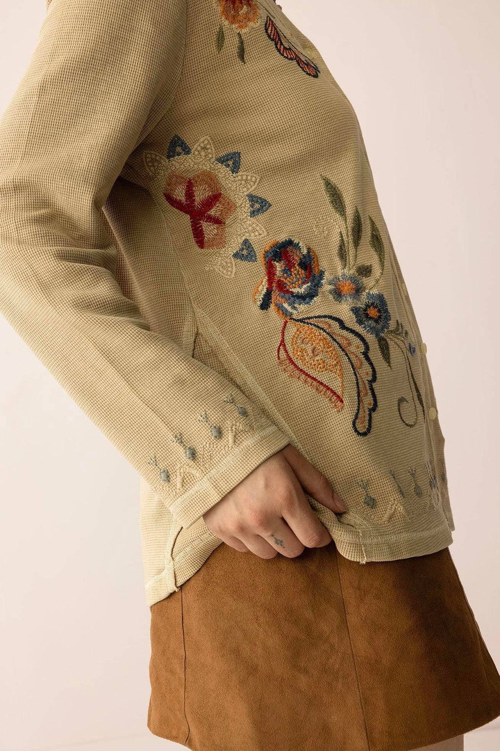 Birdsong Bloom Embroidered Top in Almond color