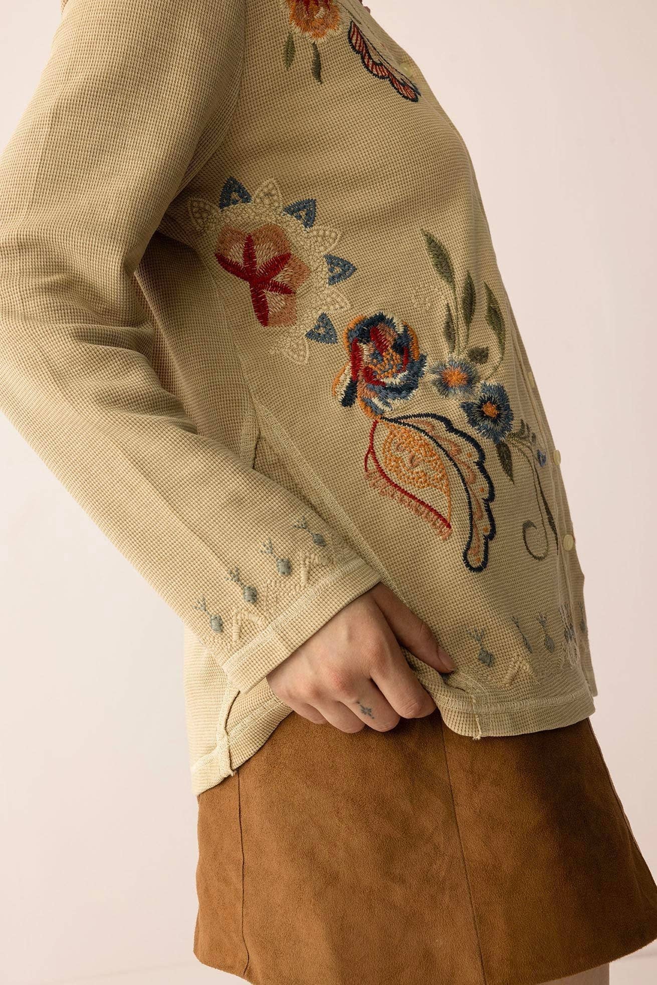 Birdsong Bloom Embroidered Top in Almond color