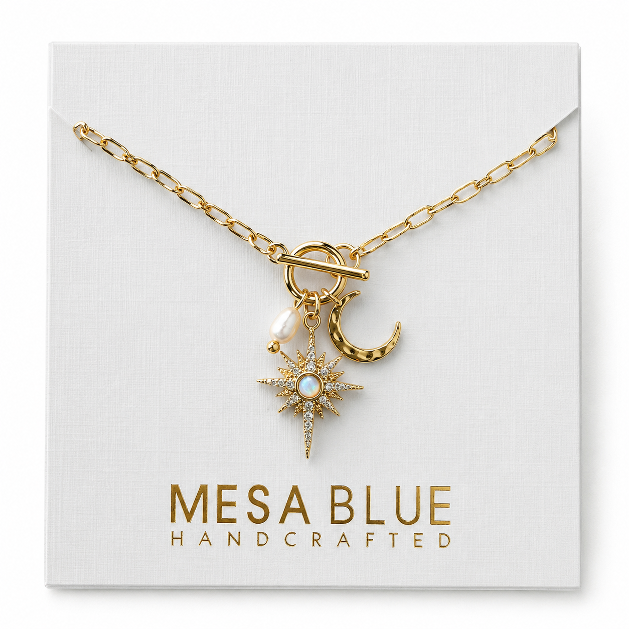 CZ Opal Pearl Star and Moon Necklace