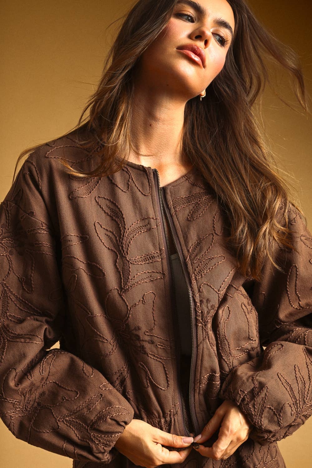 J6175ST   FLORAL JACQUARD ZIP UP JACKET