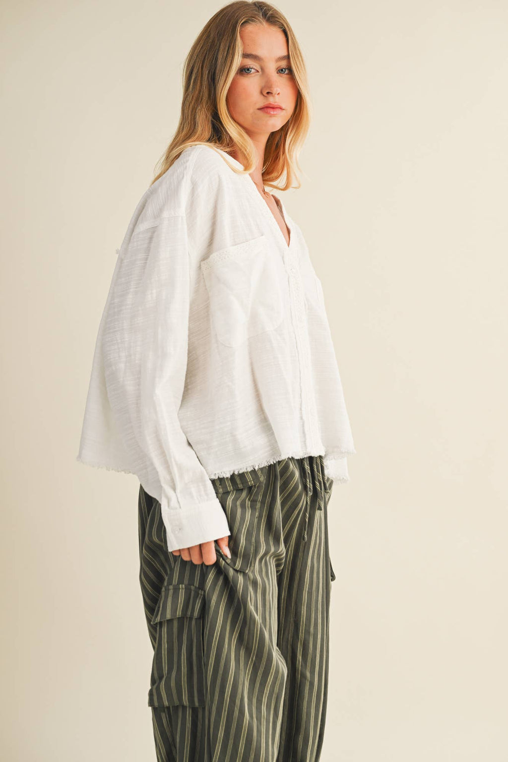 Lace Trim Textured Button-Down Shirt