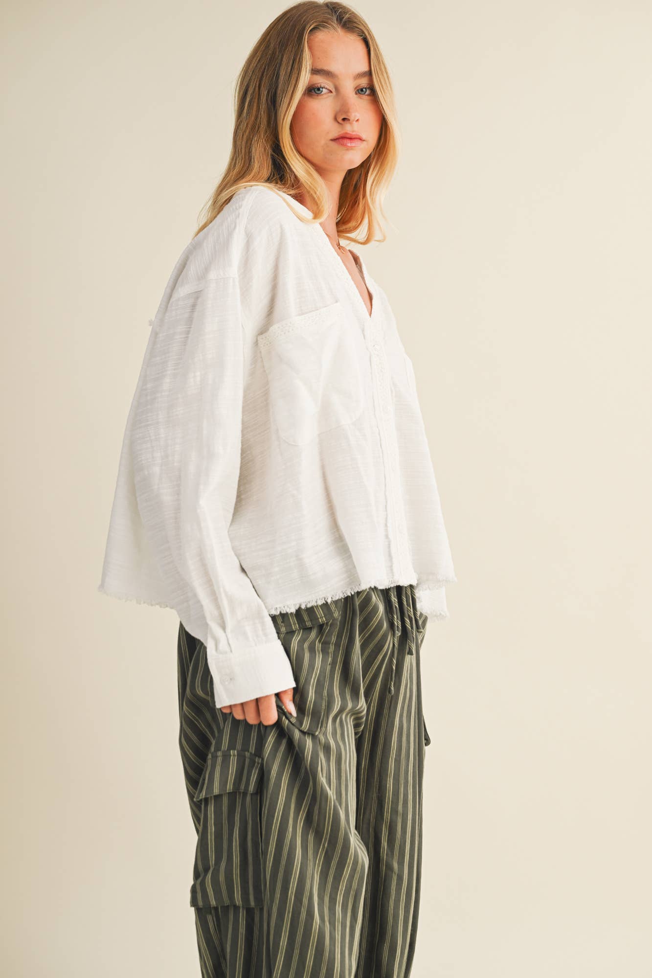 Lace Trim Textured Button-Down Shirt