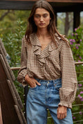 L8738 | Woven Cotton Gingham Ruffled Blouse