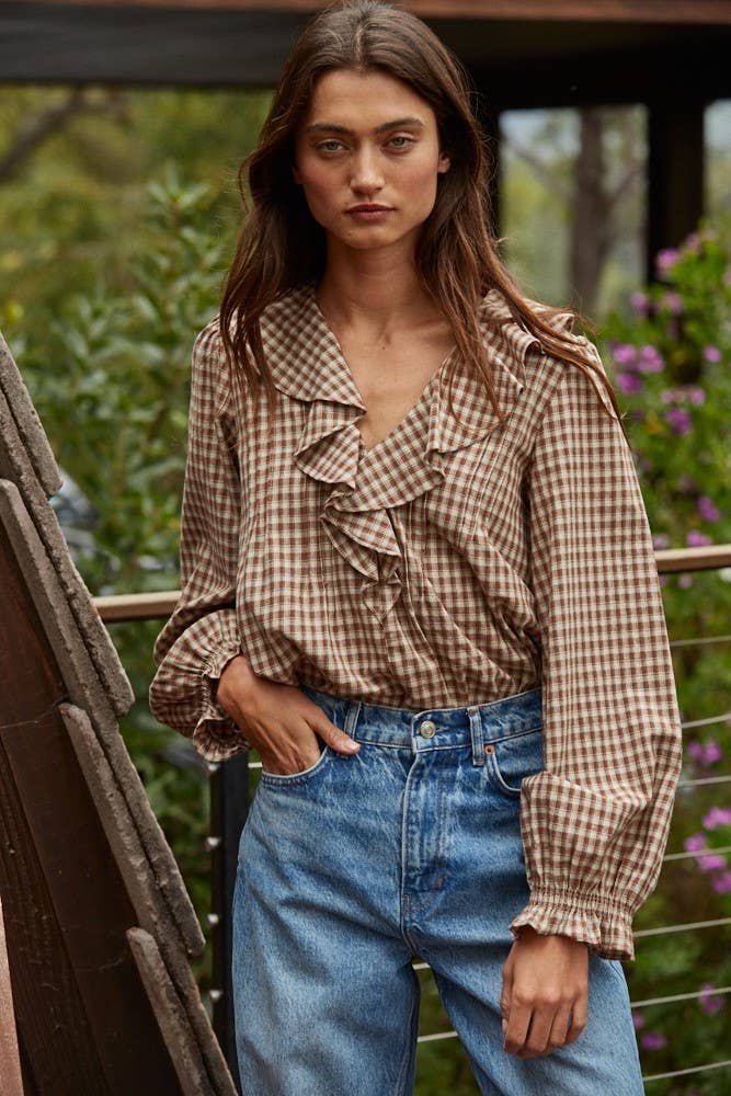 L8738 | Woven Cotton Gingham Ruffled Blouse