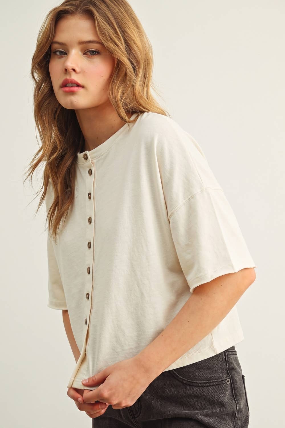 ET7639   BUTTON DOWN ROUND NECK HALF SLEEVE TOP
