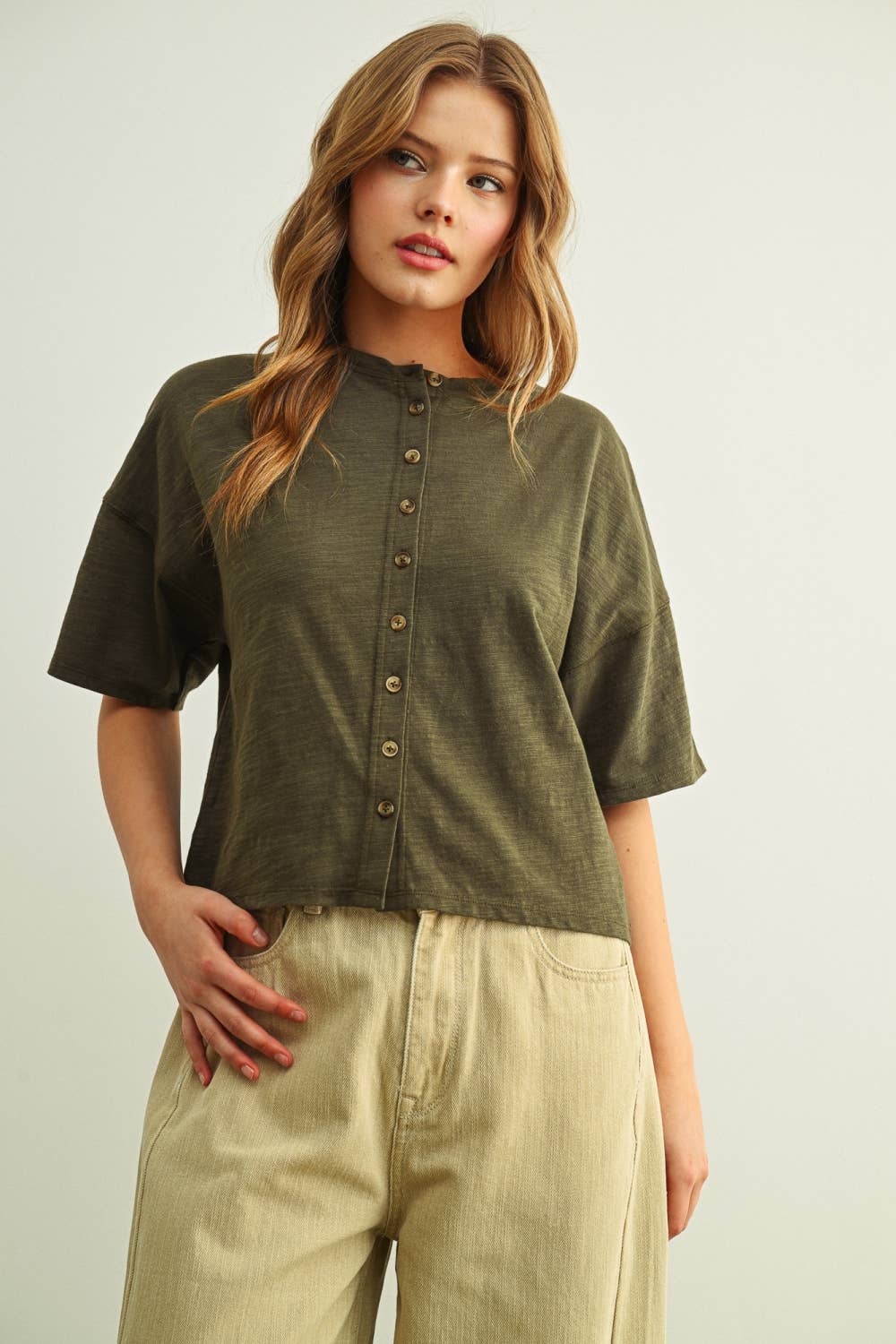 ET7639   BUTTON DOWN ROUND NECK HALF SLEEVE TOP