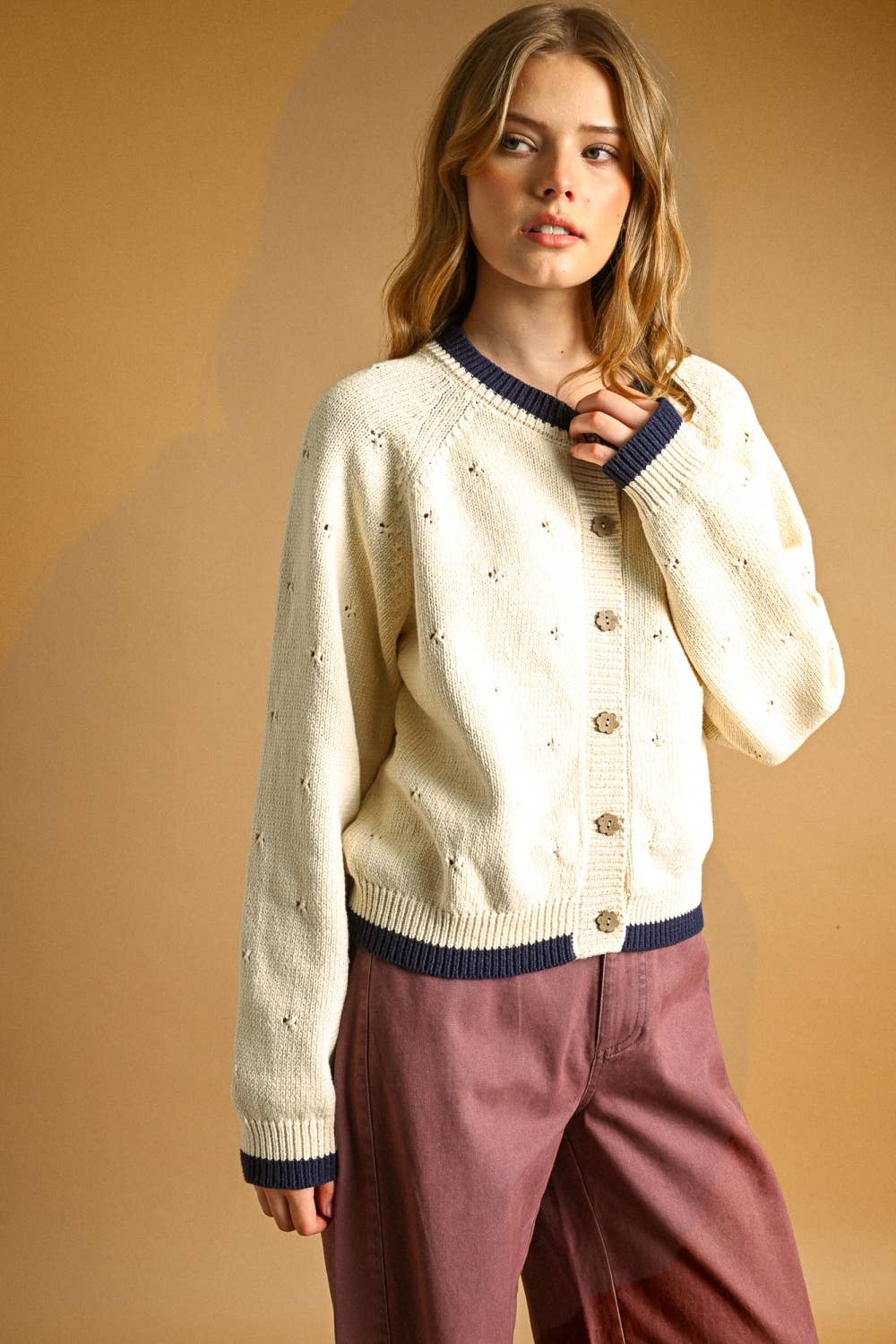 J6665   POINTELLE EFFECT KNIT CARDIGAN