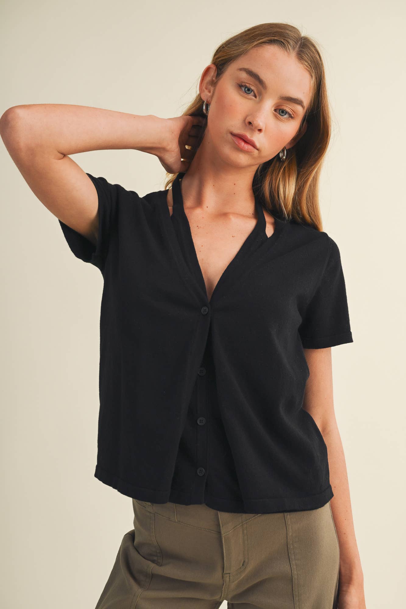Halter Strap V-Neck Knit Blouse