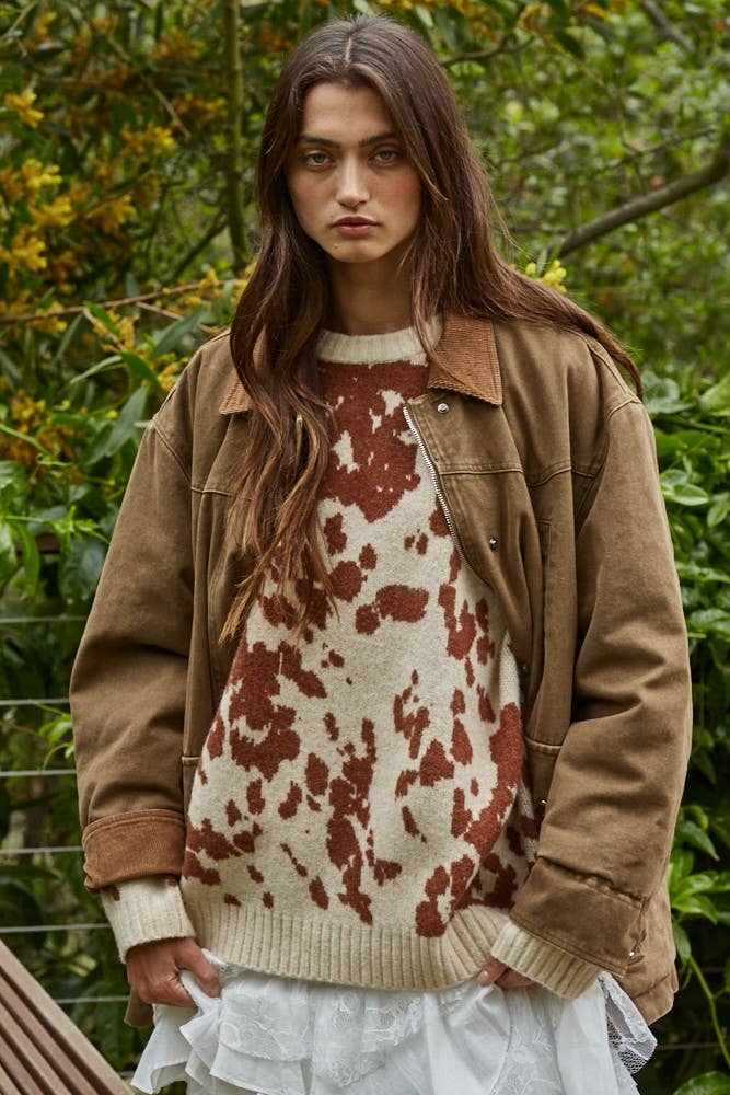 L8757 | Woven Cotton Collared Zip-Up Long Sleeve Jacket