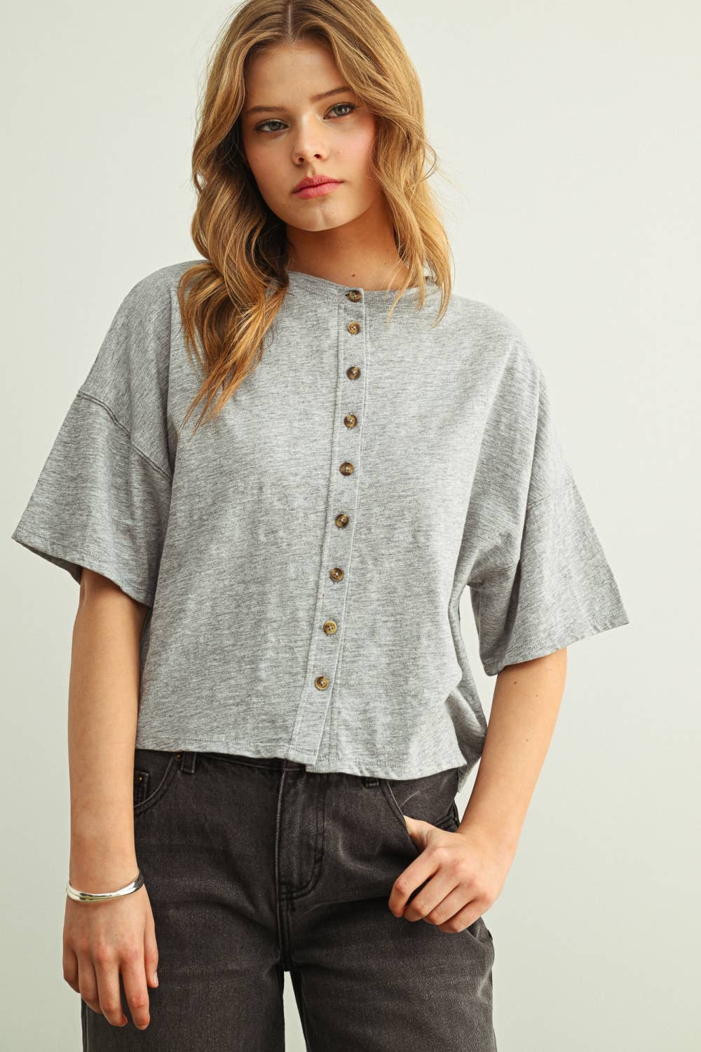 ET7639   BUTTON DOWN ROUND NECK HALF SLEEVE TOP