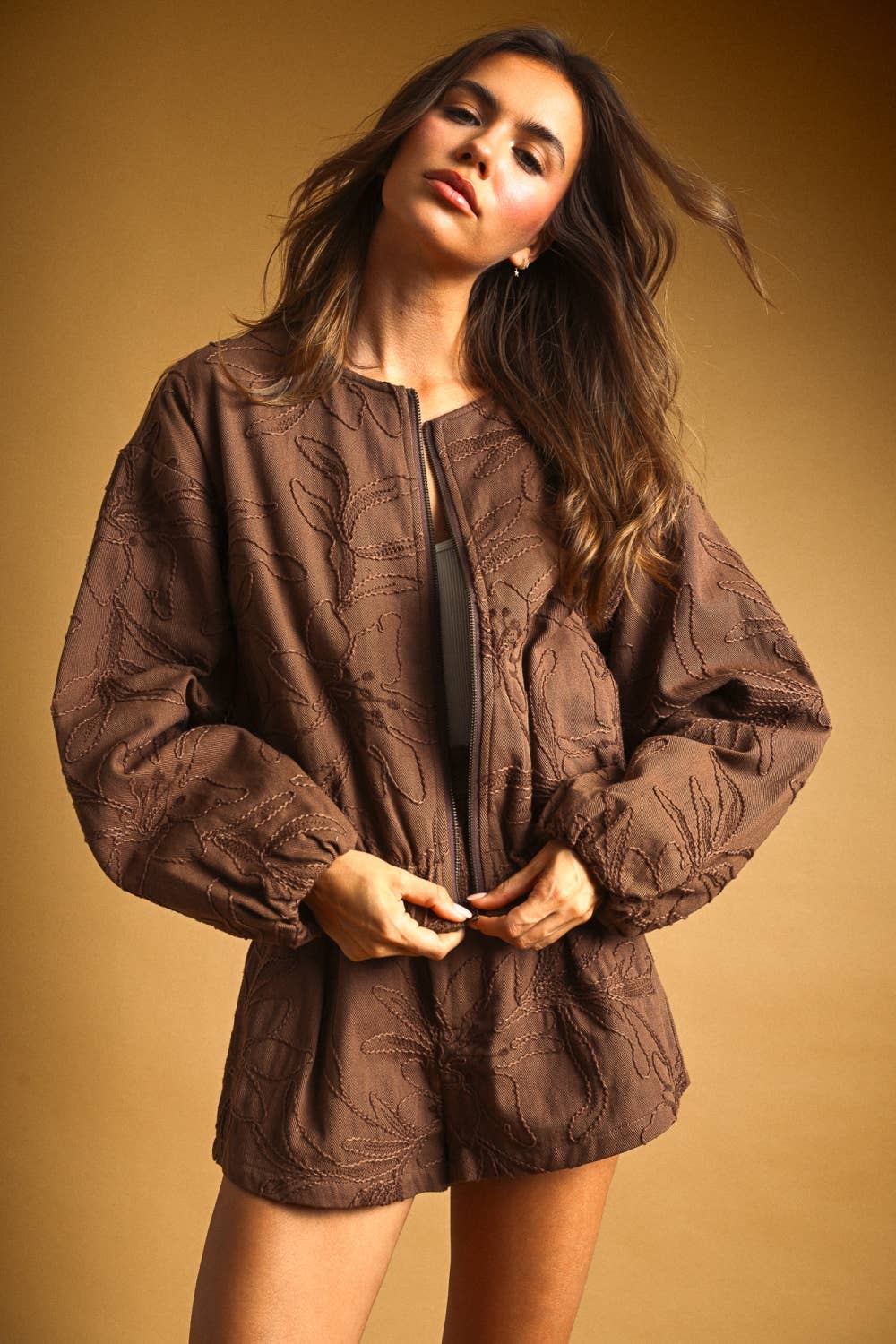 J6175ST   FLORAL JACQUARD ZIP UP JACKET