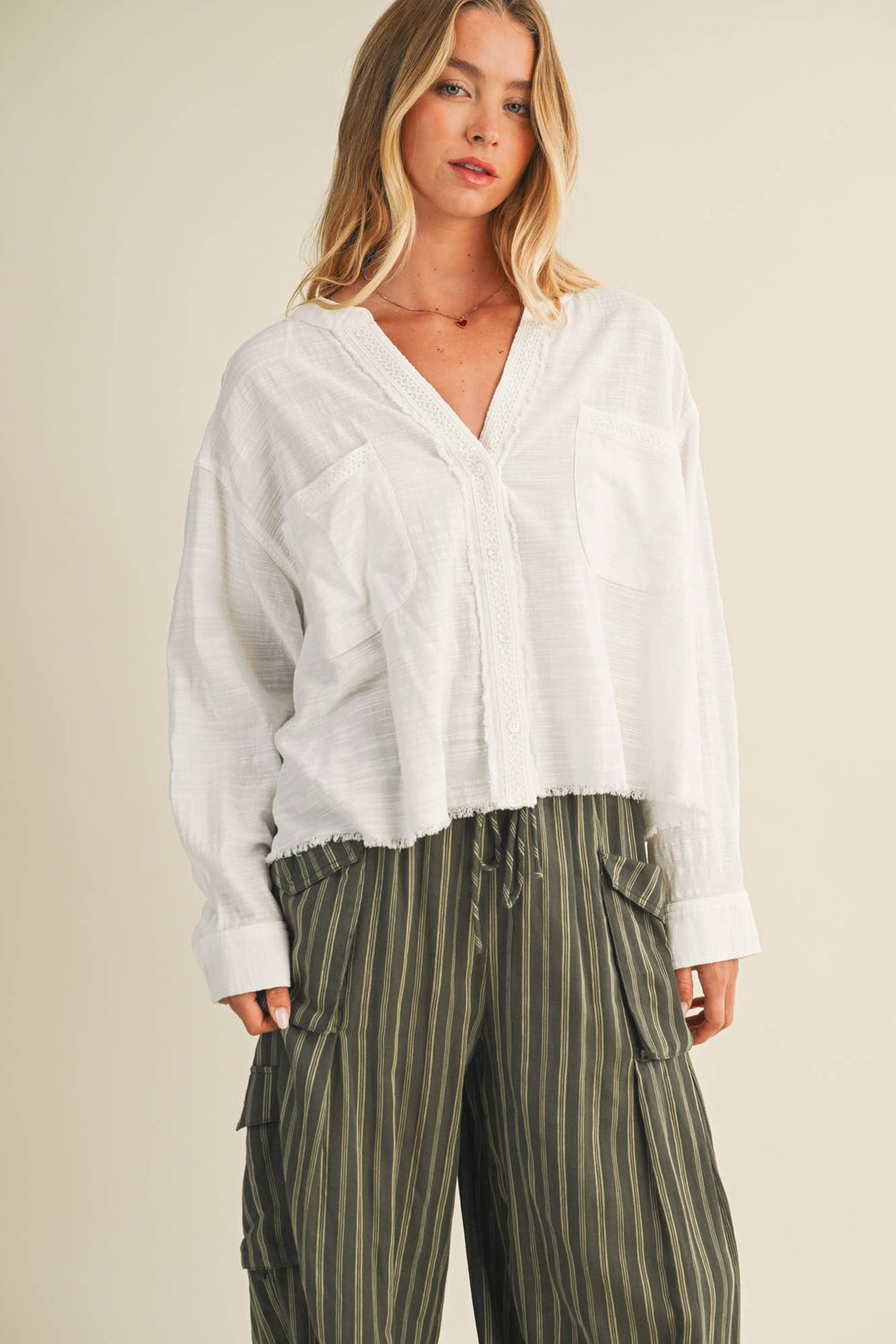 Lace Trim Textured Button-Down Shirt