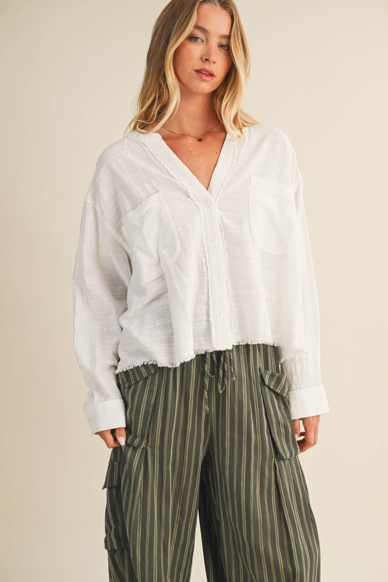 Lace Trim Textured Button-Down Shirt