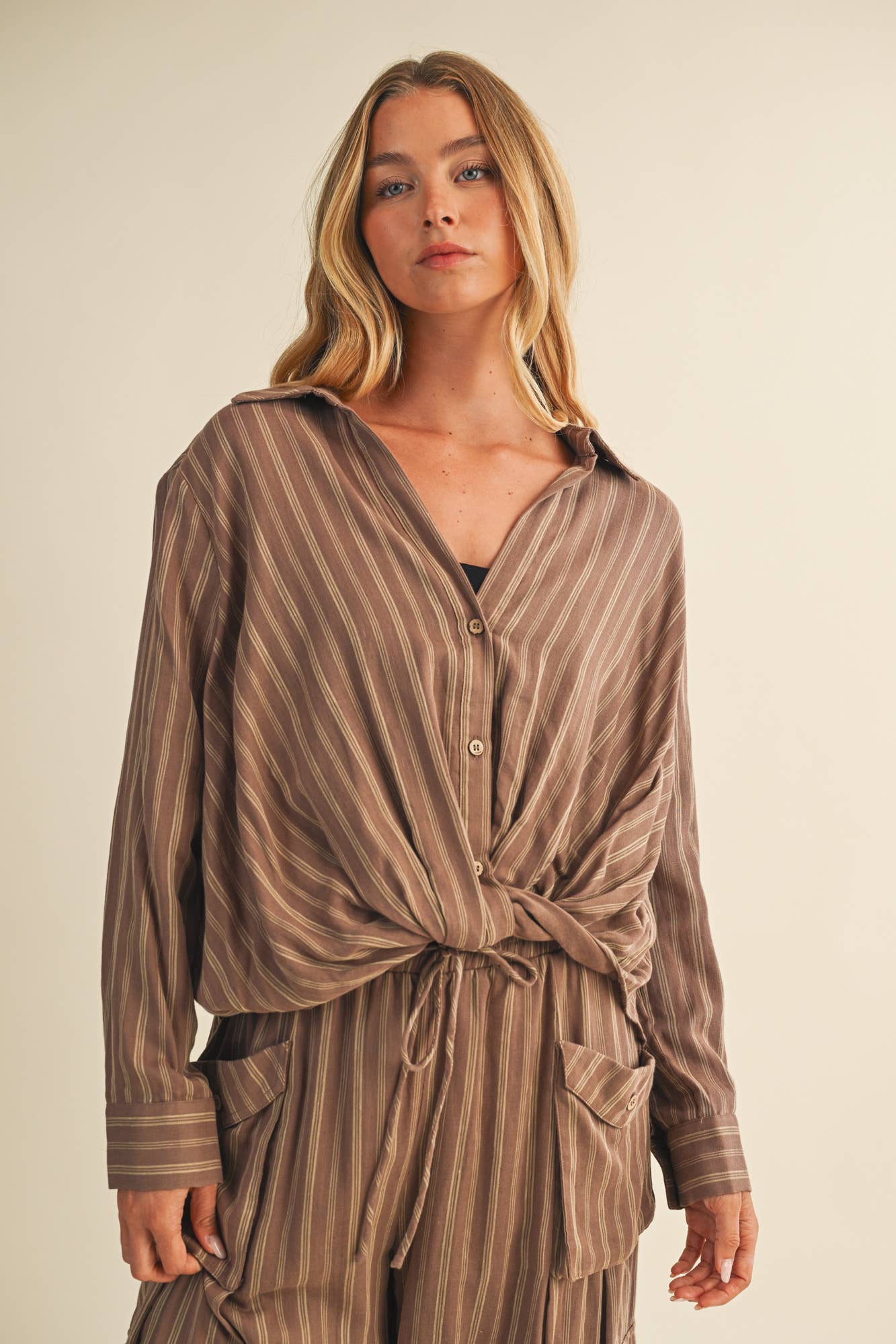 Vertical Stripe Twist Front Shirt