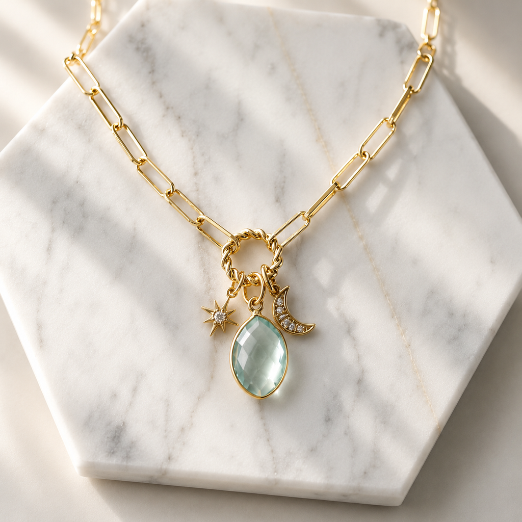 Aquamarine Quartz Moon and Star Necklace
