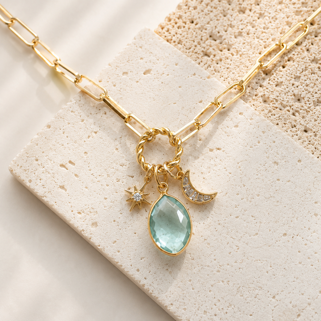 Aquamarine Quartz Moon and Star Necklace