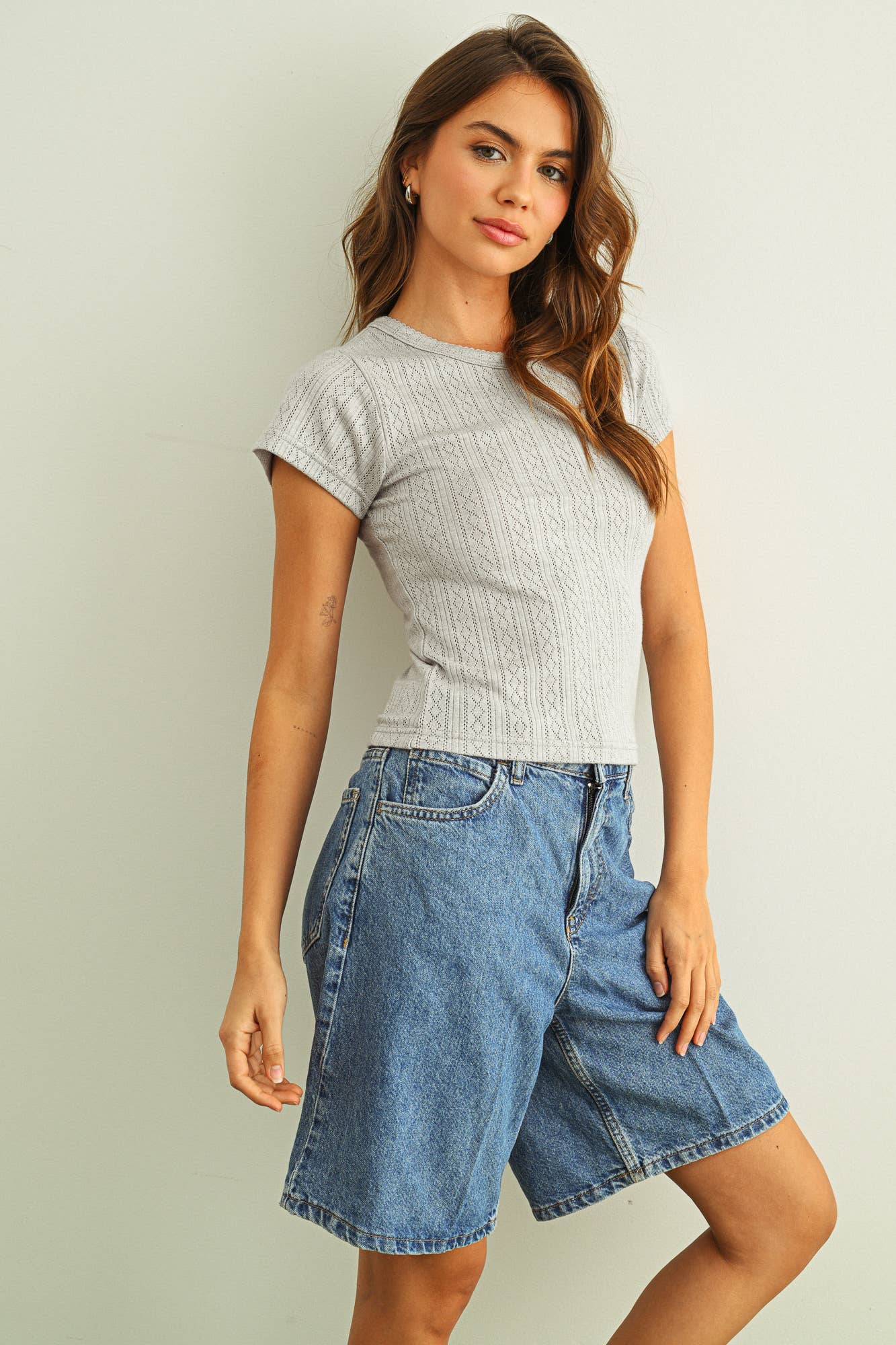 ET6157   POINTELLE FABRIC SHORT SLEEVE TOP