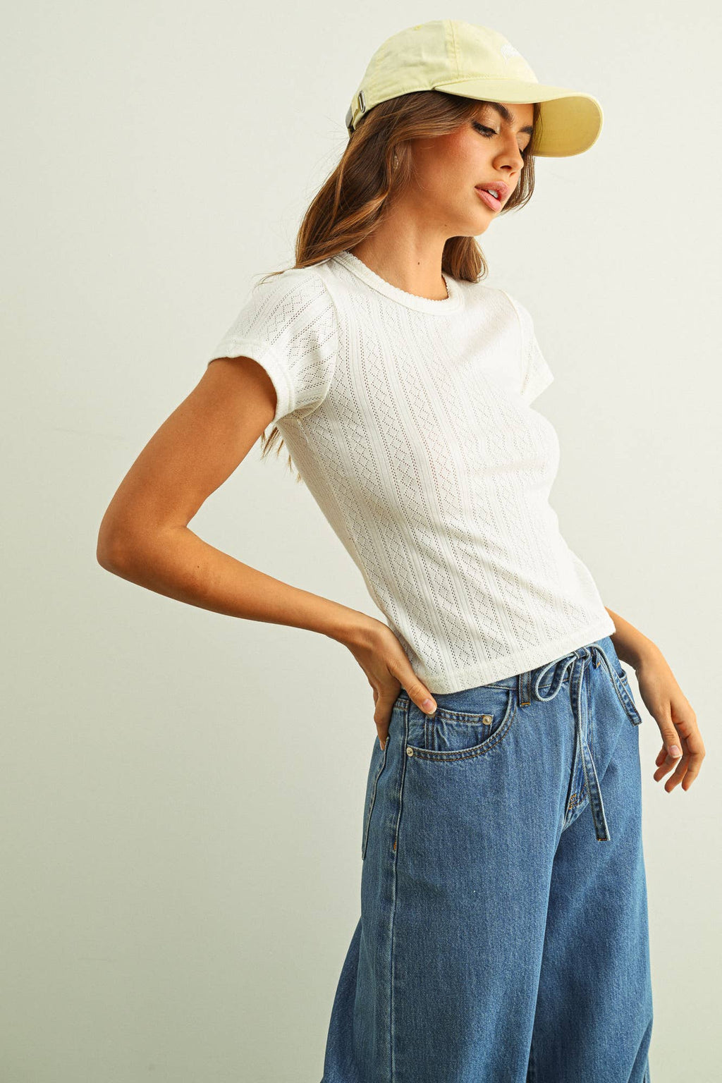 ET6157   POINTELLE FABRIC SHORT SLEEVE TOP