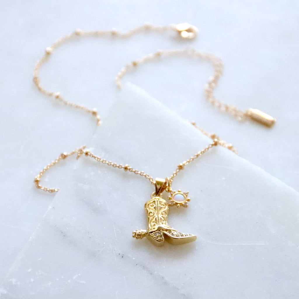 Opal Sun CZ Cowboy Boot Necklace 
