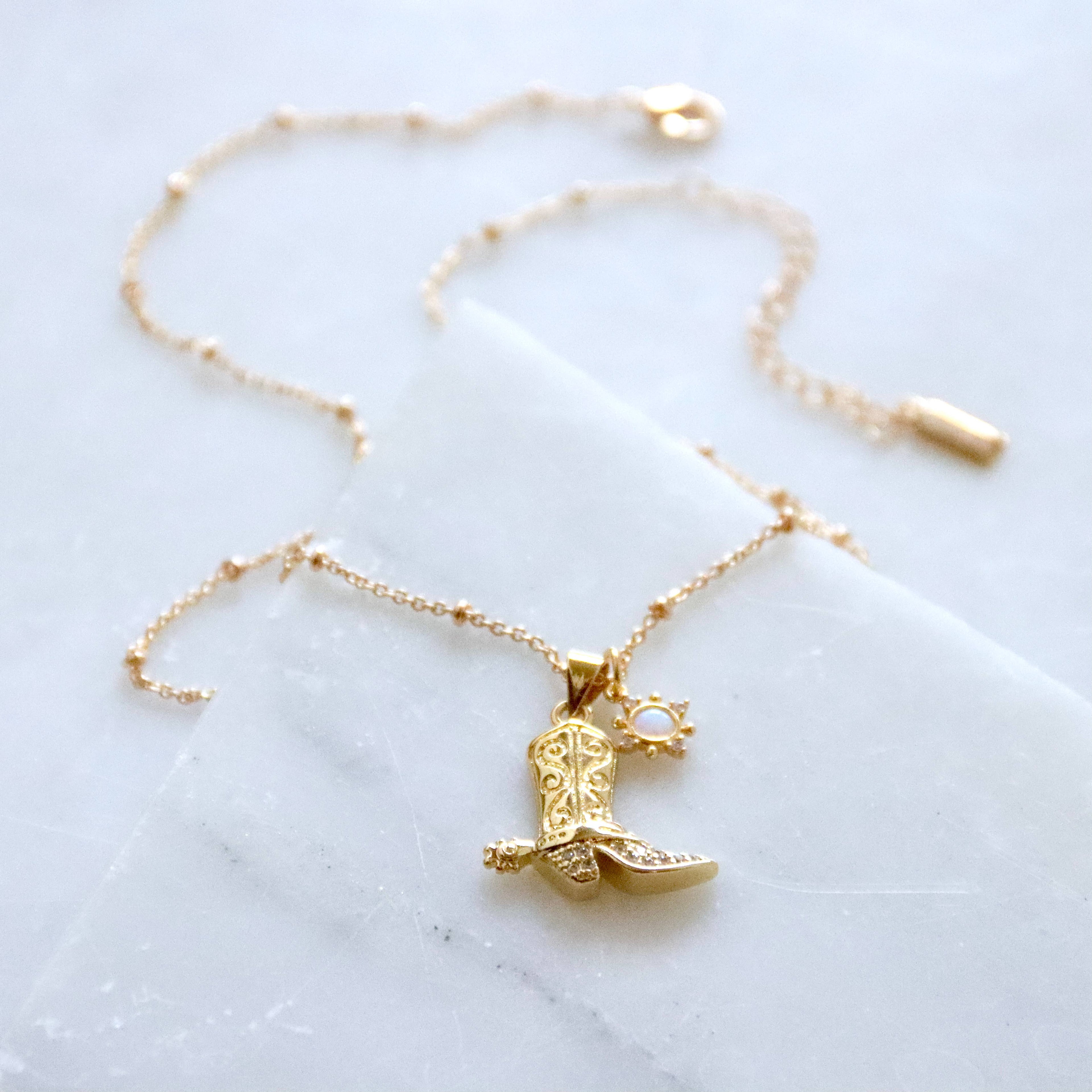 Opal Sun CZ Cowboy Boot Necklace 
