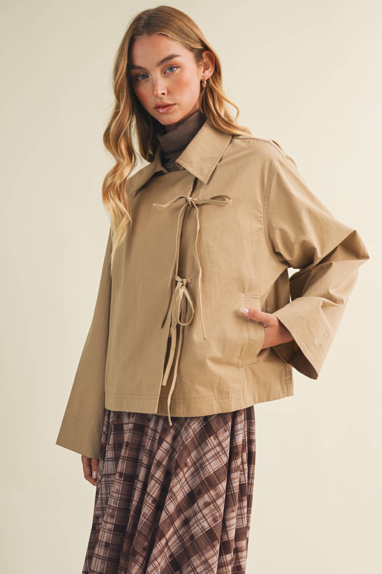 Tie-Front Bell Sleeve Poplin Jacket