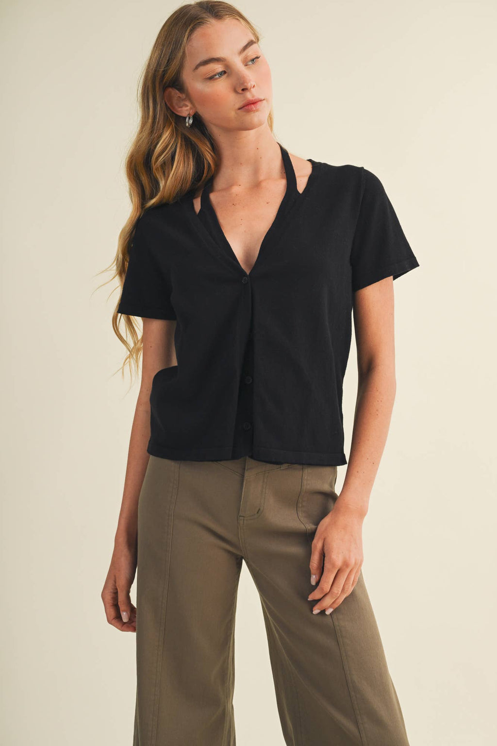 Halter Strap V-Neck Knit Blouse