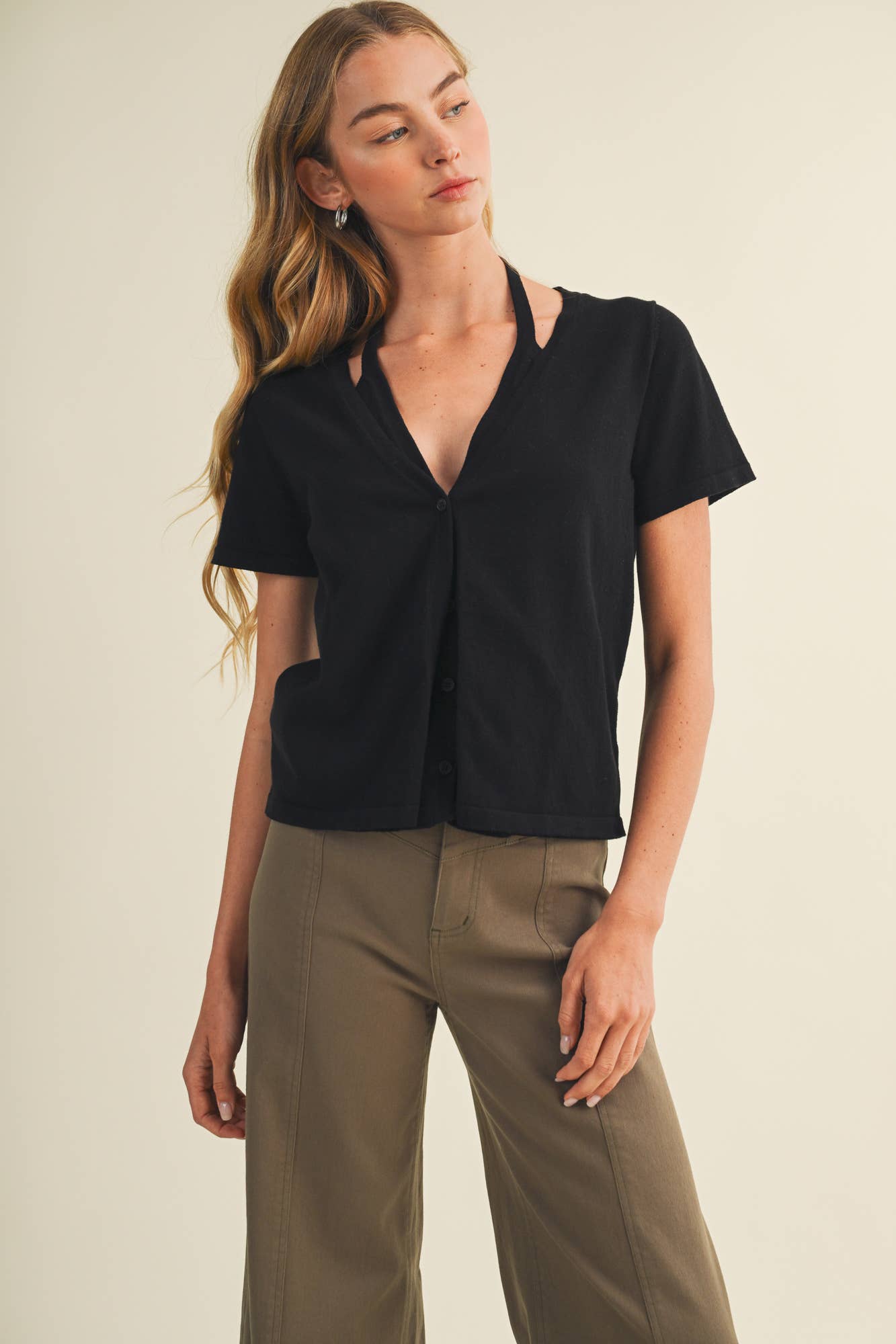 Halter Strap V-Neck Knit Blouse