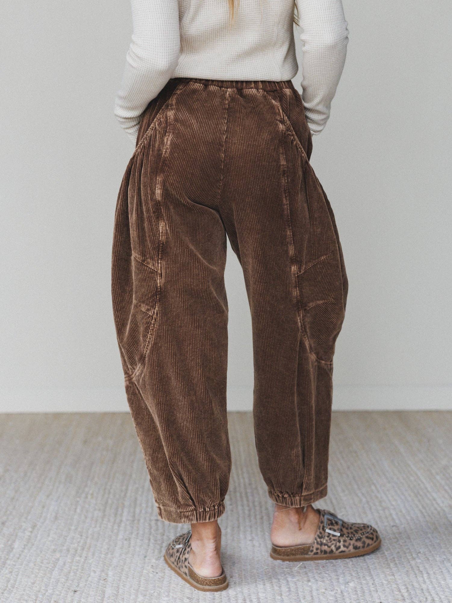 Nora Gathered Barrel Corduroy Pant - Brown