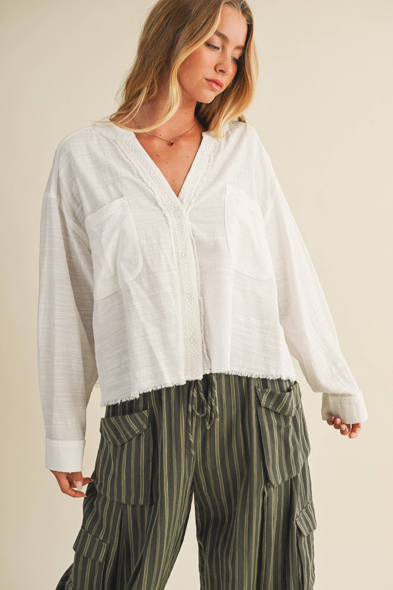 Lace Trim Textured Button-Down Shirt