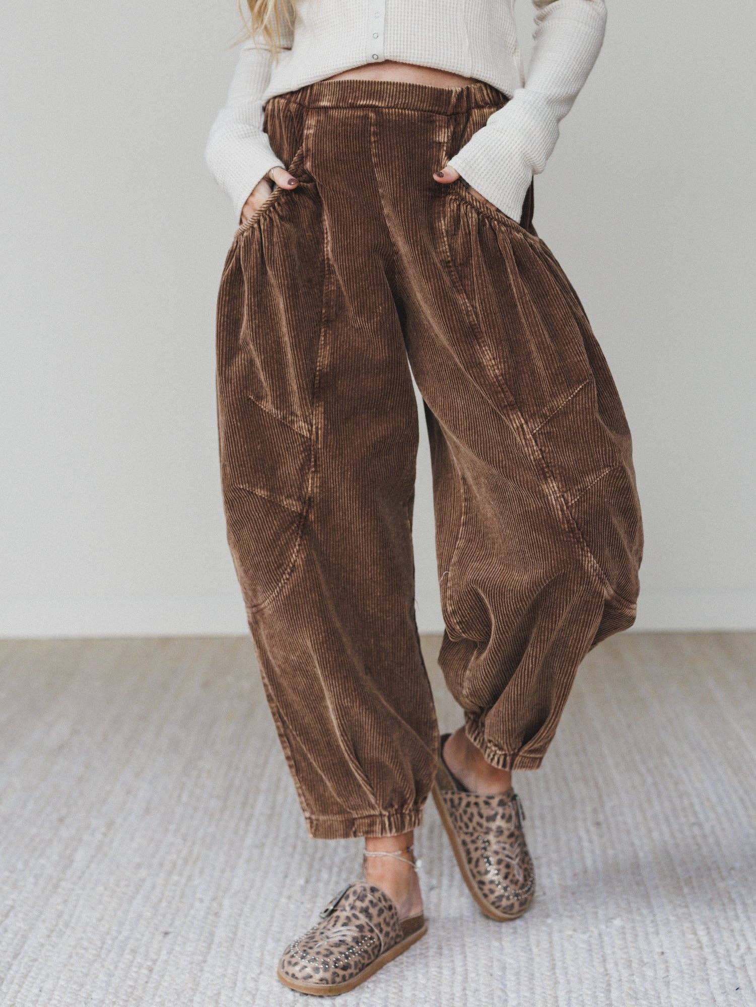Nora Gathered Barrel Corduroy Pant - Brown