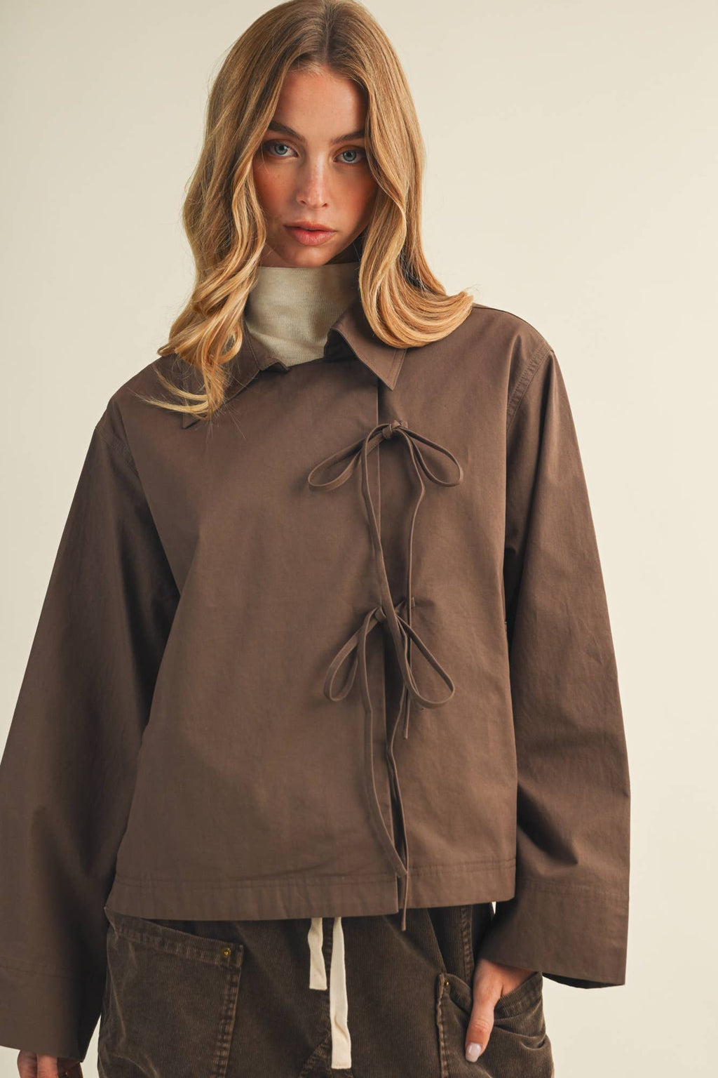 Tie-Front Bell Sleeve Poplin Jacket