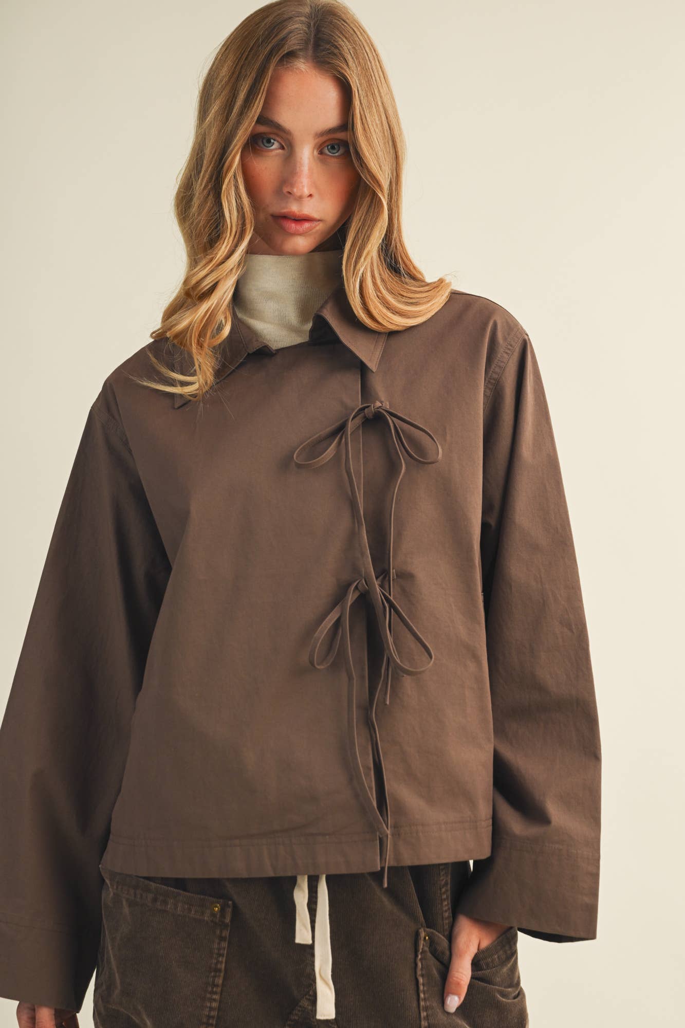 Tie-Front Bell Sleeve Poplin Jacket