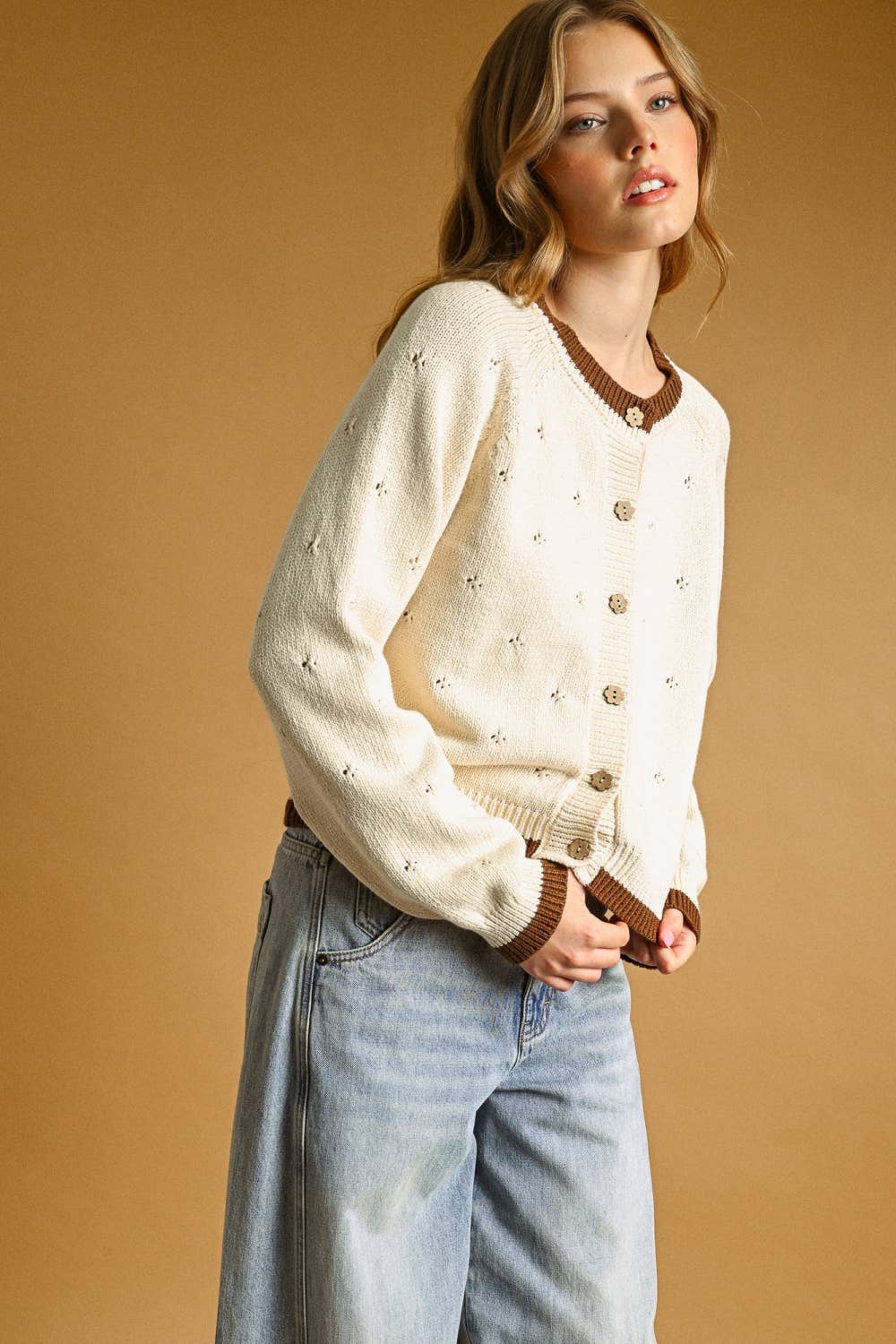 J6665   POINTELLE EFFECT KNIT CARDIGAN